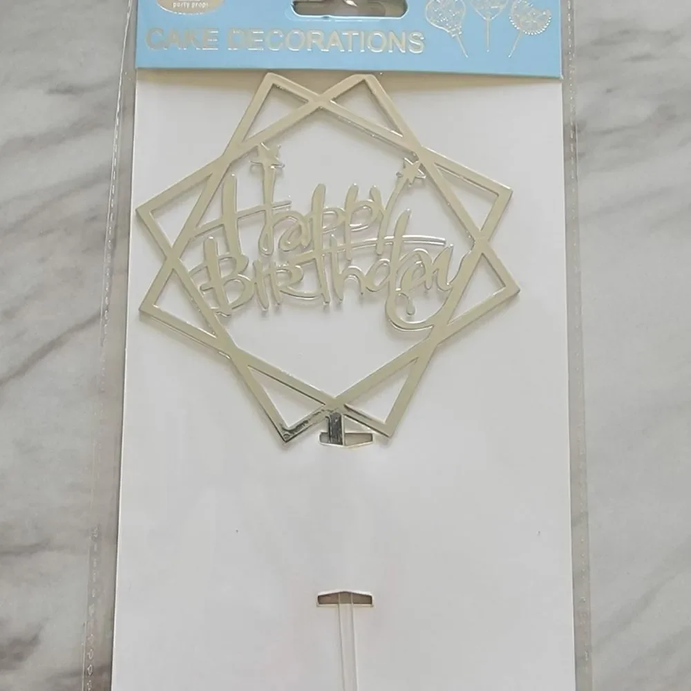 CAKE Topper Happy Birthday Silver Tone Abstract NWT